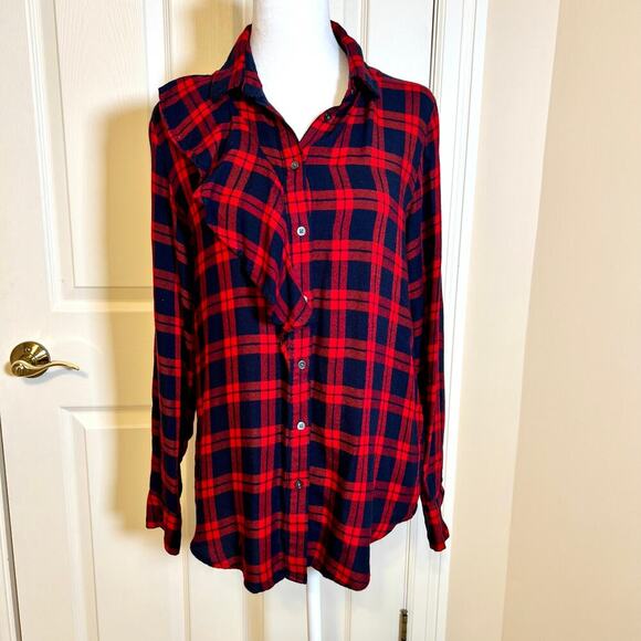 Banana Republic Red and Navy Plaid Dillon Shirt with Ruffle Size Medium - Picture 1 of 10